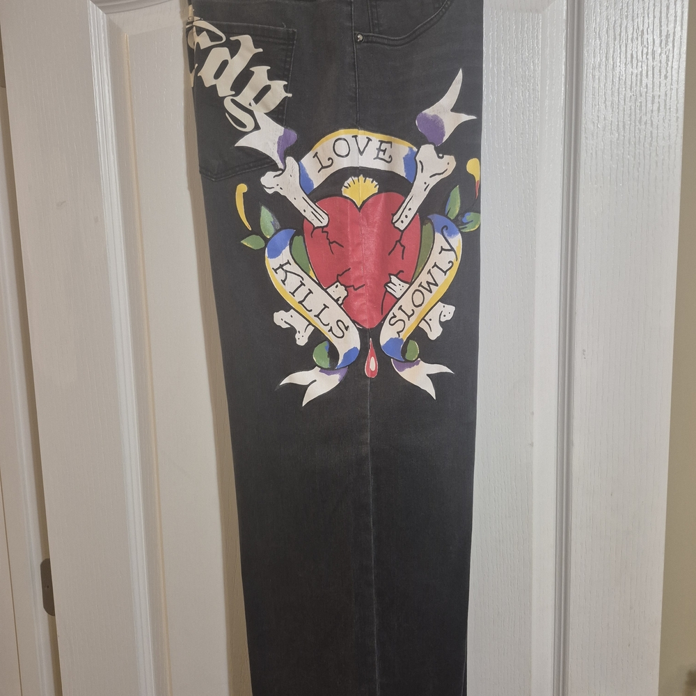 Ed Hardy Black WIDE Straight Leg Jeans with Heart Graphic 34 X 30